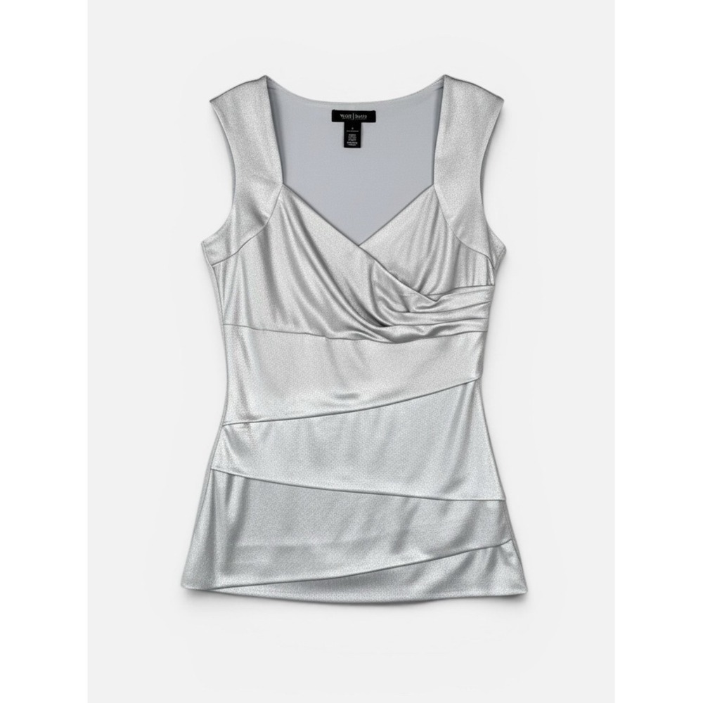 White House Black Market Sleeveless Draped Blouse Metallic Silver S Cocktail top